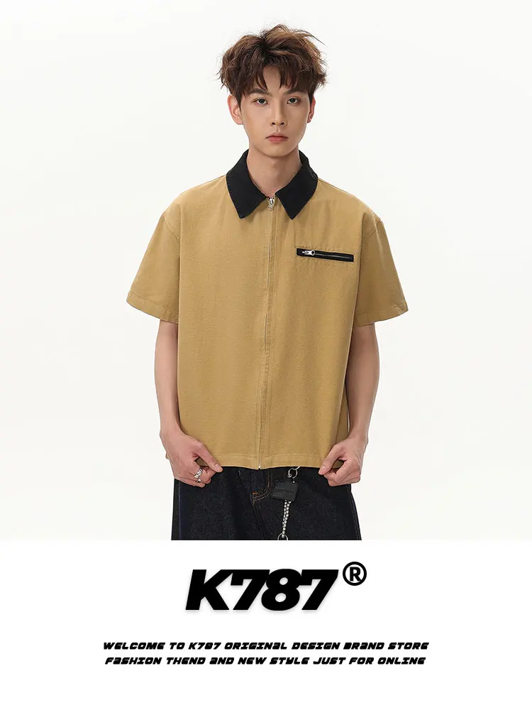 

K787 American Retro Cleanfit Collared ort Sve Zipper Workwear Open Cardigan irt ex Summer Faion Youth Trend Cotton