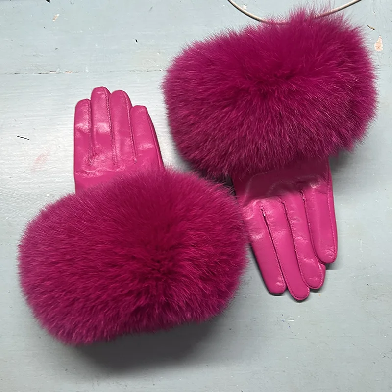 

Natural Big Fox Fur Leather Gloves Fashion Sheepskin Women Windproof Warm Gloves Chic Rose Red Ladies Genuine Leather Gloves