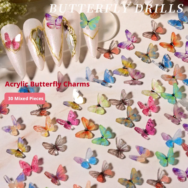 10-30pcs Spring Butterfly Nail Charms Colored 3D Acrylic Butterfly Nail Art Decoration Manicure Supplies Accessories