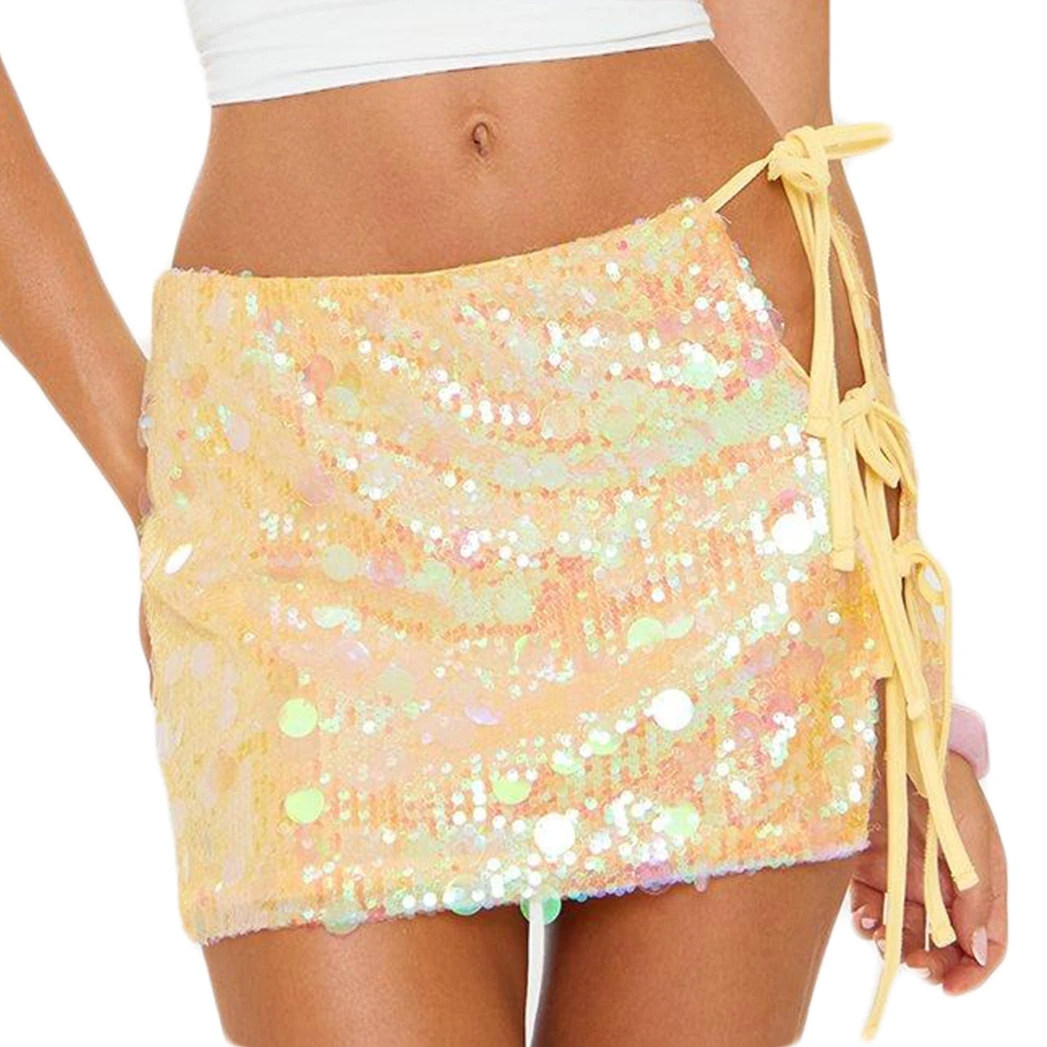 女性 Y2K ソリッドカラー ミニスカート、ミッドライズ スパンコール付きボトムス タイアップ スリムフィット サマー ボディコン スカート パーティー用クラブウェア