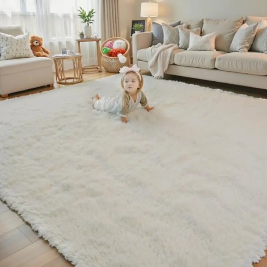 

8x10 area rugs for living room bedroom, cream shaggy plush furry rug, ultra-soft high-pile home decor carpet