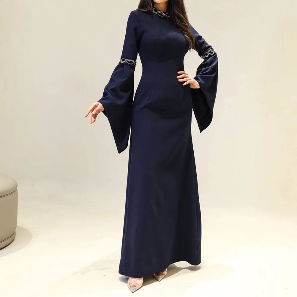 

Customized A-Line Prom Dresses Ankle-Length High-Neck Full Sleeve Evening Gown Fashion Crystal Simple Draped Casual Party Gown