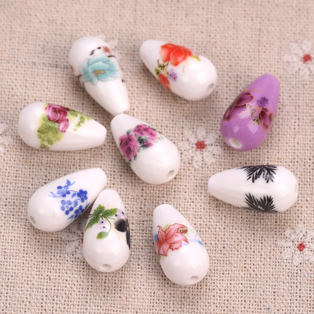 10pcs Flower Patterns 20x10mm Teardrop Shape Ceramic Porcelain Loose Beads For Jewelry Making DIY Crafts Findings