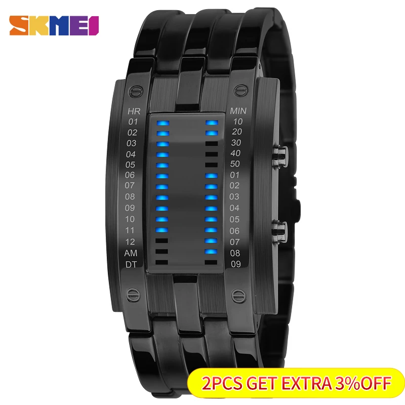 SKMEI Fashion Creative Sport Watch uomo cinturino in acciaio inossidabile Display a LED orologi 5Bar orologio digitale impermeabile reloj hombre 0926