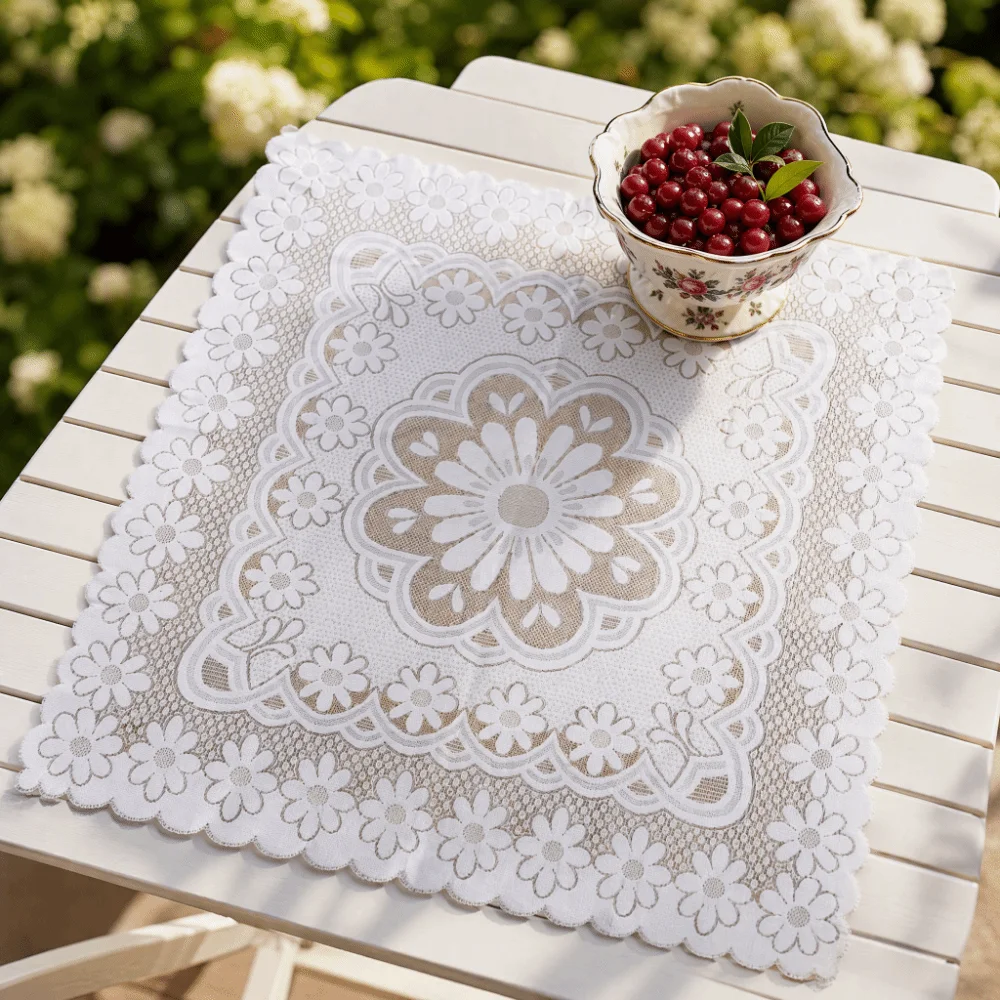 90x90cm Lace Tablecloth Hollow Pattern White Table Cover Crochet Design Retro Embroidered Style Decorative Background Cloth