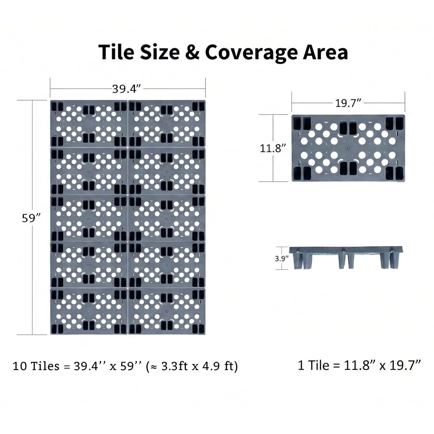 Heavy Duty Plastic Pallets, Grey Interlocking Storage Platforms with Breathable Grid Design, 11.8 x 19.7 x 3.9 Inches, 10 Pack,