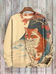 Japanese Fashion Men's Sweatshirt Funny Animal Graphics Ukiyo-e O-Neck Pullover Casual Pullover Tops Regular Fit Polyester Shirt