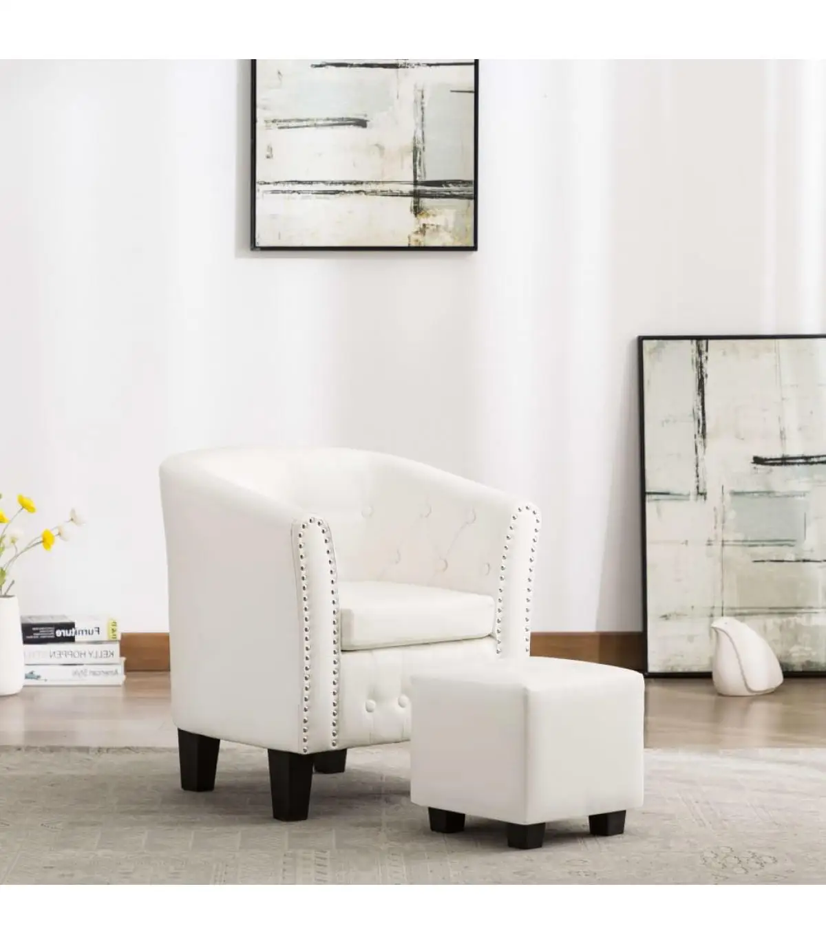 White synthetic leather footrest cube armchair