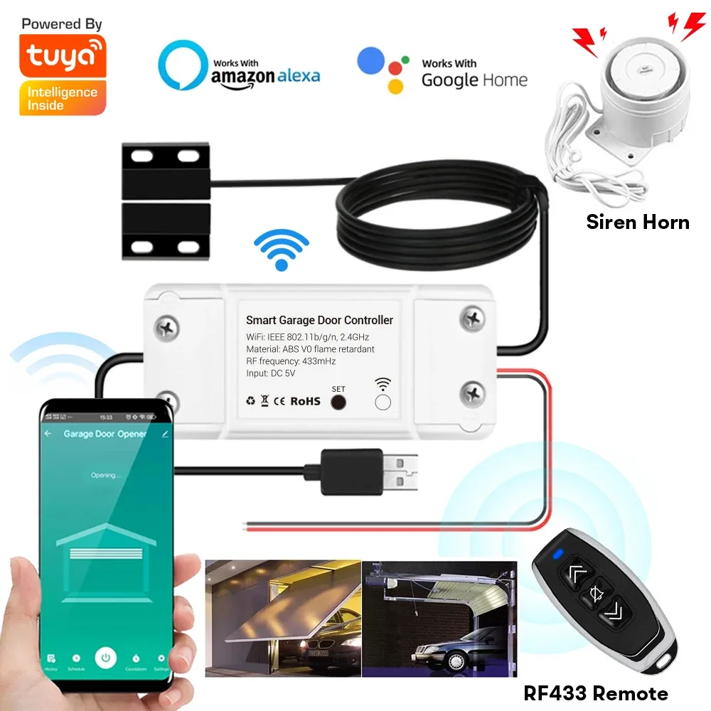 Smart Life WiFi Garage Door Opener Controller Siren Alarm Wireless RF 433 Remote + Tuya APP Control Works with Alexa Google Home