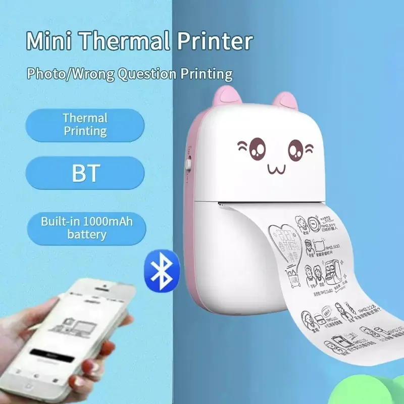 Mini impressora térmica portátil com cabo USB, foto, etiqueta, memorando, pergunta errada, Imprimante, BT sem fio, 203dpi