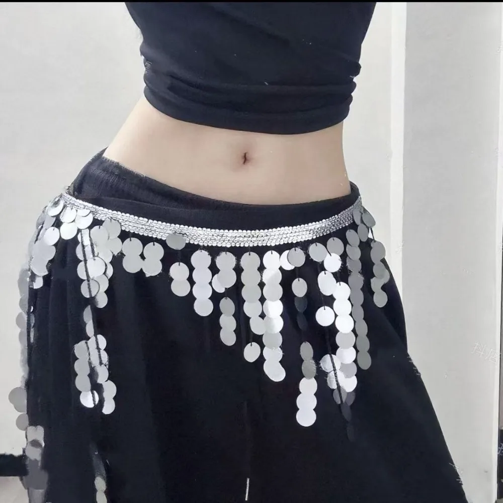 Cymbal Sequins Sequin Hip Scarf Long Tassel Fringe Adjustable Tie Tassel Waist Wrap Mesh Base Fabric Asymmetrical Cut