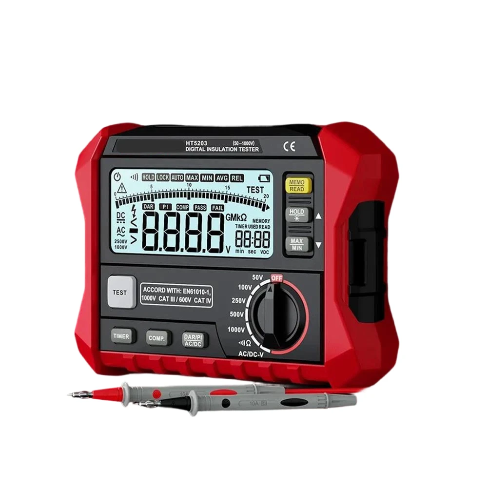 HT5203 Insulation Resistance Meter with Backlit LCD Screen 180x140x65mm Size and Rugged Shockproof Design for On Site Use