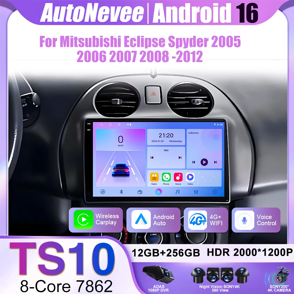 Radio para Auto para Mitsubishi Eclipse Spyder 2005 2006 2007 2008 -2012 Android 16 Auto Carplay Reproductor Multimedia Estéreo BT Navegación