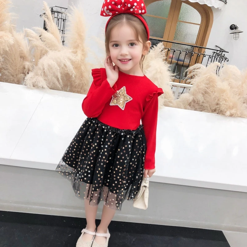Baby Girl Princess Dress Star Sequined Tulle Dress Toddler Kid Clothes Long Sleeve Children Birthday Party Costume Outfit A831