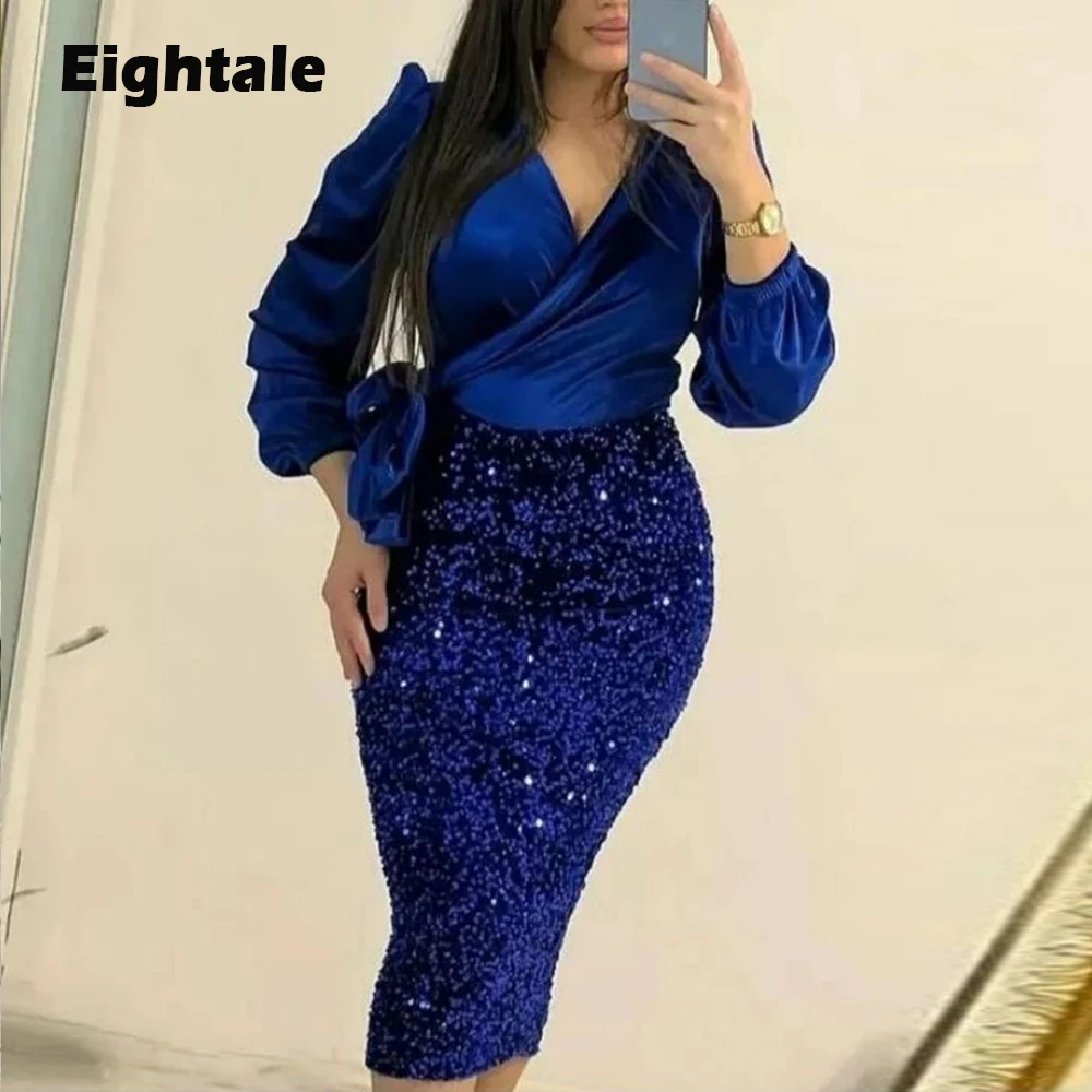 

Eightale Formal Occassion Evening Dresses Arabic V-Neck Knee Length Prom Gown Velvet Mermaid Wedding Party Dress Plus Size