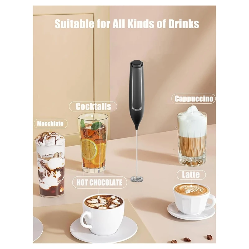 Espumador de leche de mano, Espumador de mano que funciona con pilas con soporte de acero inoxidable para café, capuchino y leche