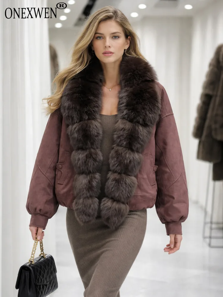 ONEXWEN Vintage Brown Women Winter Down Coat Fur Collar Loose Oversized Short Parka Warm Luxury Ladies Casual Outerwear RU82