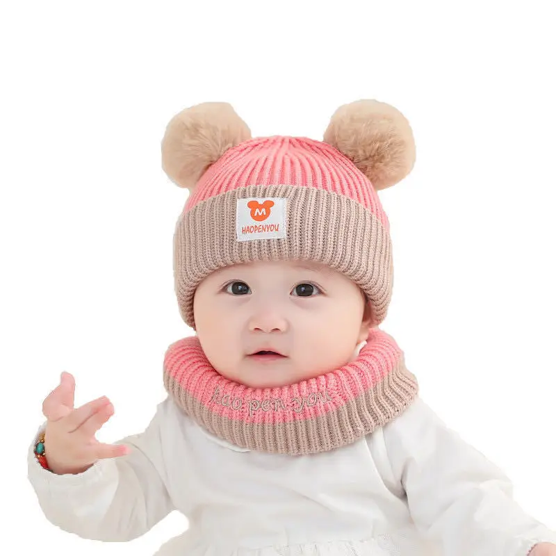 1 Juego de gorro y bufanda para bebé, conjunto de oso cálido de punto para niños, gorro de invierno, gorro para niños pequeños, gorro de ganchillo