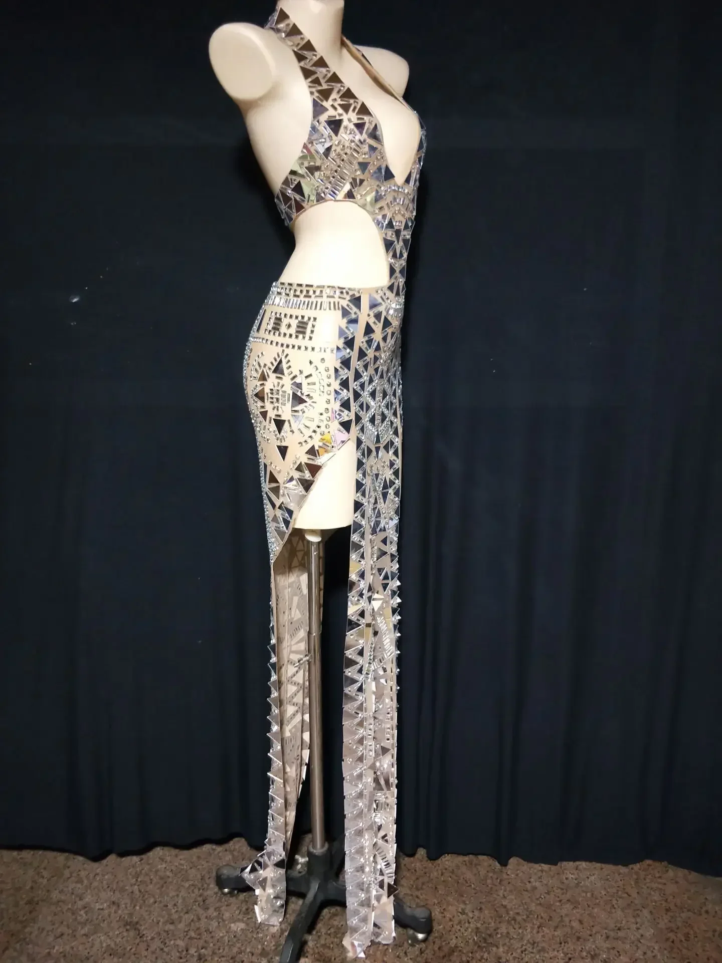 Silver Mirror Dress Rhinestone Hollow Long party Dress Evening Birthday Celebrate Wedding Costume Women Dancer Latin Dress