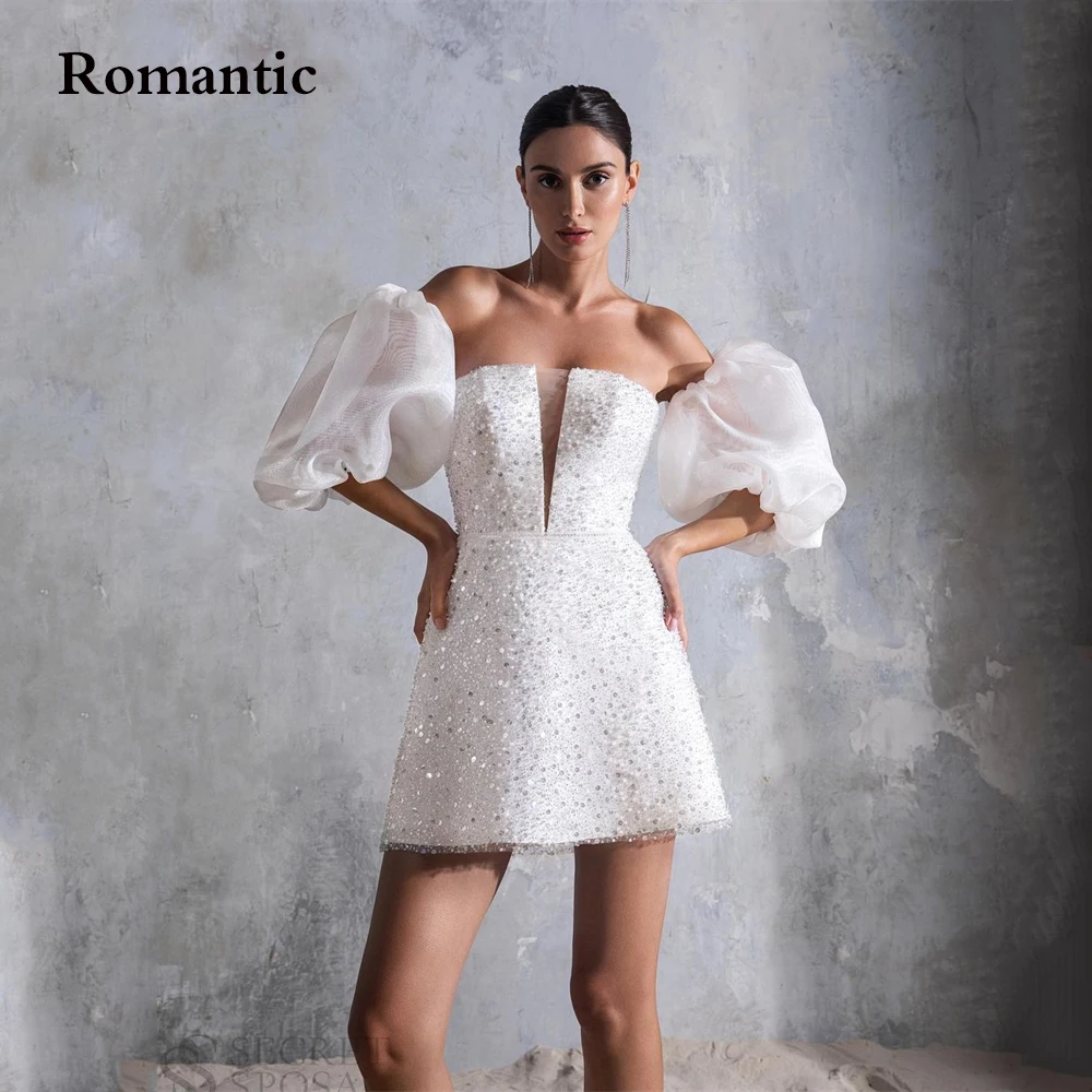 

Romantic White Glitter Evening Dress Puff Sleeves Sweetheart Backless Short Wedding Gowns For Special Occasion Vestido de festa