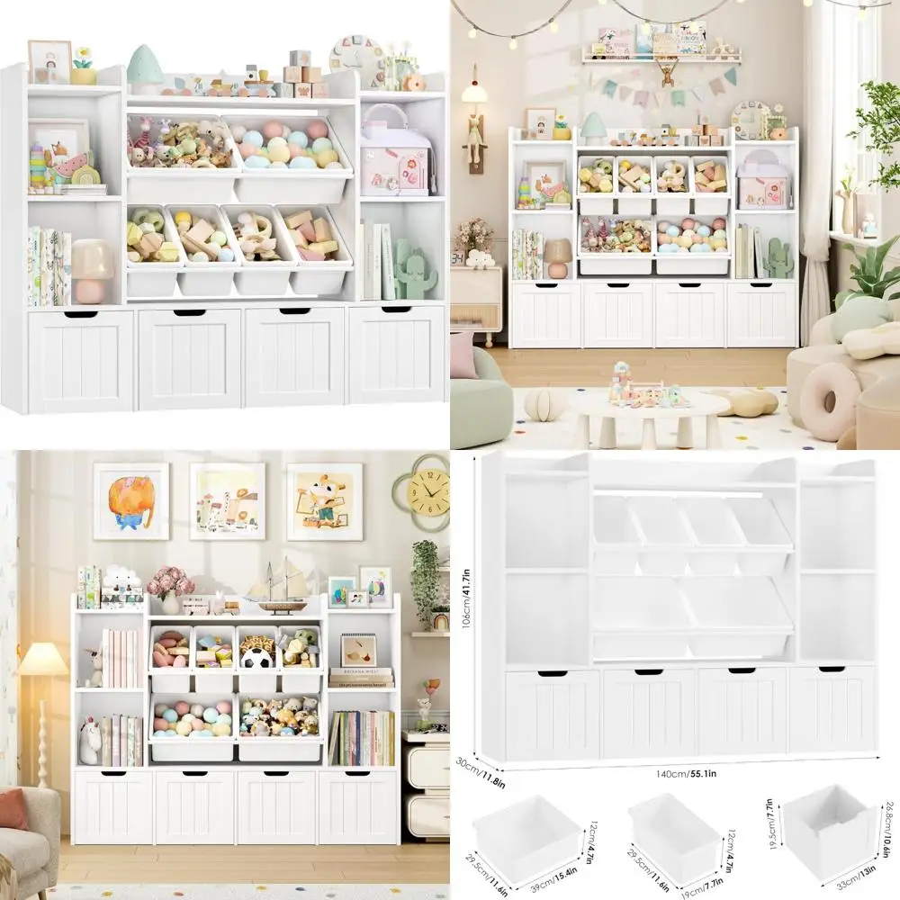 Organizador de almacenamiento de juguetes para niños grande con 6 contenedores, 4 cajones y almacenamiento móviles, estantería ancha de 55,1 para juguetes y libros