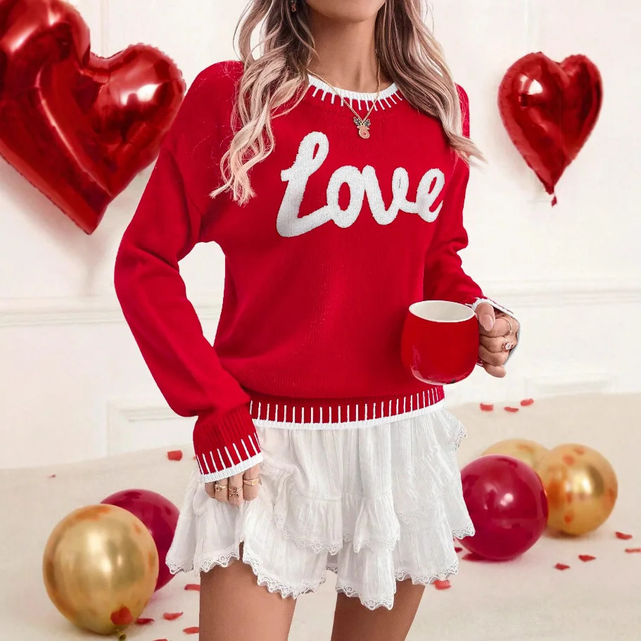 Ropa Para Mujer Love Letter Print Red Sweater Women Casual Crew Neck Long Sleeve Pullover Jumper Romantic Valentine's Day Knit