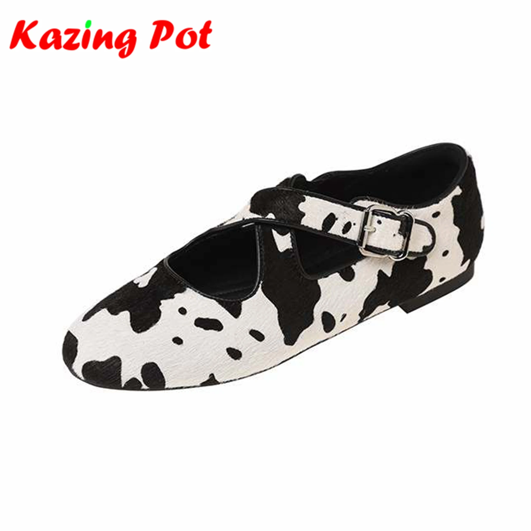 Krazing Pot Horsehair Ins Leopard Cow Patterns Natural Skin Mary Janes Fashion Elegant Ballet Dancer Shoes Round Toe Women Flats