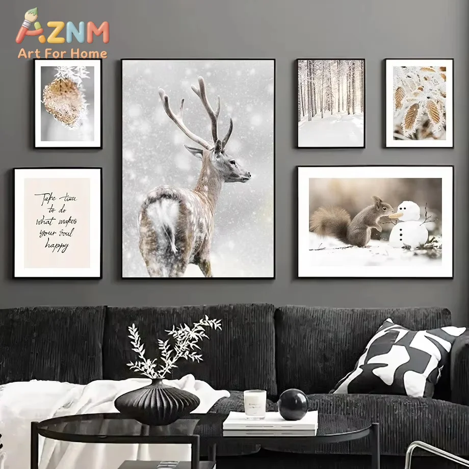 1PC Winter wild Scenery Picture Elk Tree Landscape Poster and Print Canvas Painting Wall Art for Christmas Living Room Decor