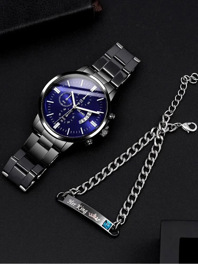 2PCs Men\'s Business Gentleman Steel Band Calendar Quartz Watch+Chain Bracelet Set Watch