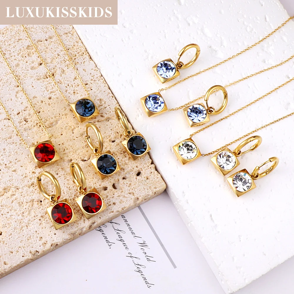 LUXUKISSKIDS Square Jewelry For Woman Clear Shiny Stone Danity Necklace Fashion Wedding Drop Earrings Jewellery Sets Trendy 2024