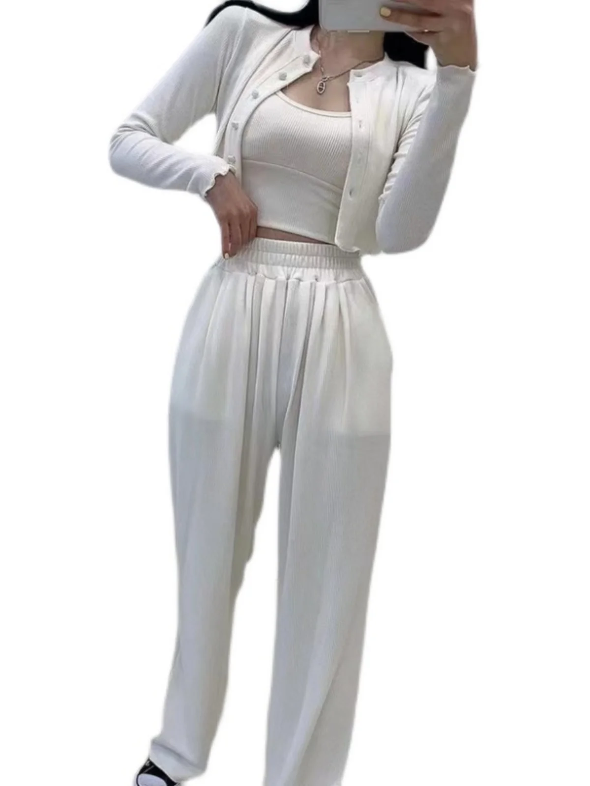 Canotta elastica Tead Or Sve e pantaloni a gamba dritta Set da donna Faion Spring Outfit Materiale in cotone Drapey Sle