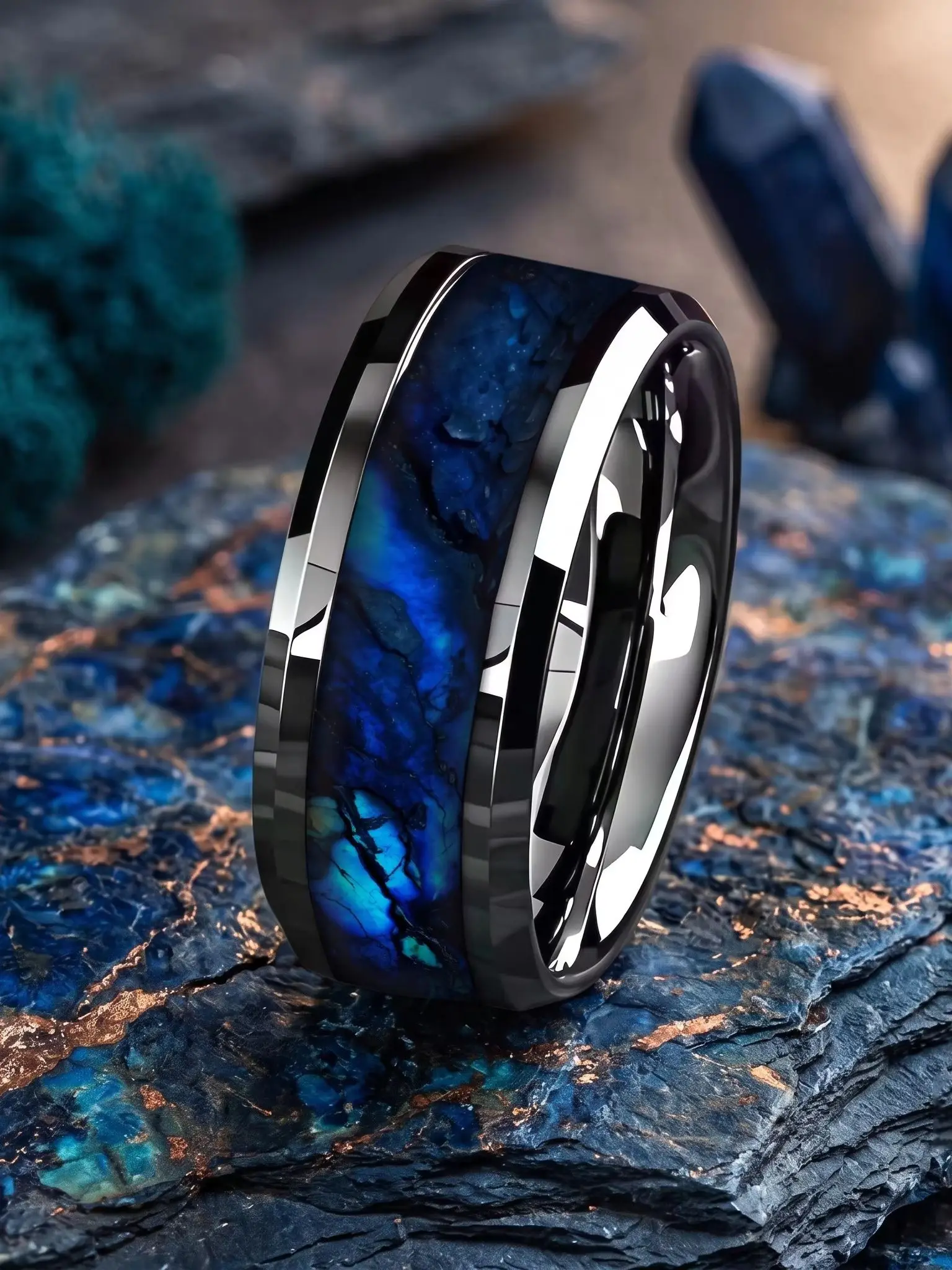 SUNFLOWER 2026 Modischer Blauer Sternenhimmel Herren Edelstahlringe Einzigartiger Nicht-Verblassender Ehering Polierter Doppelseitiger Ring – Detail 2