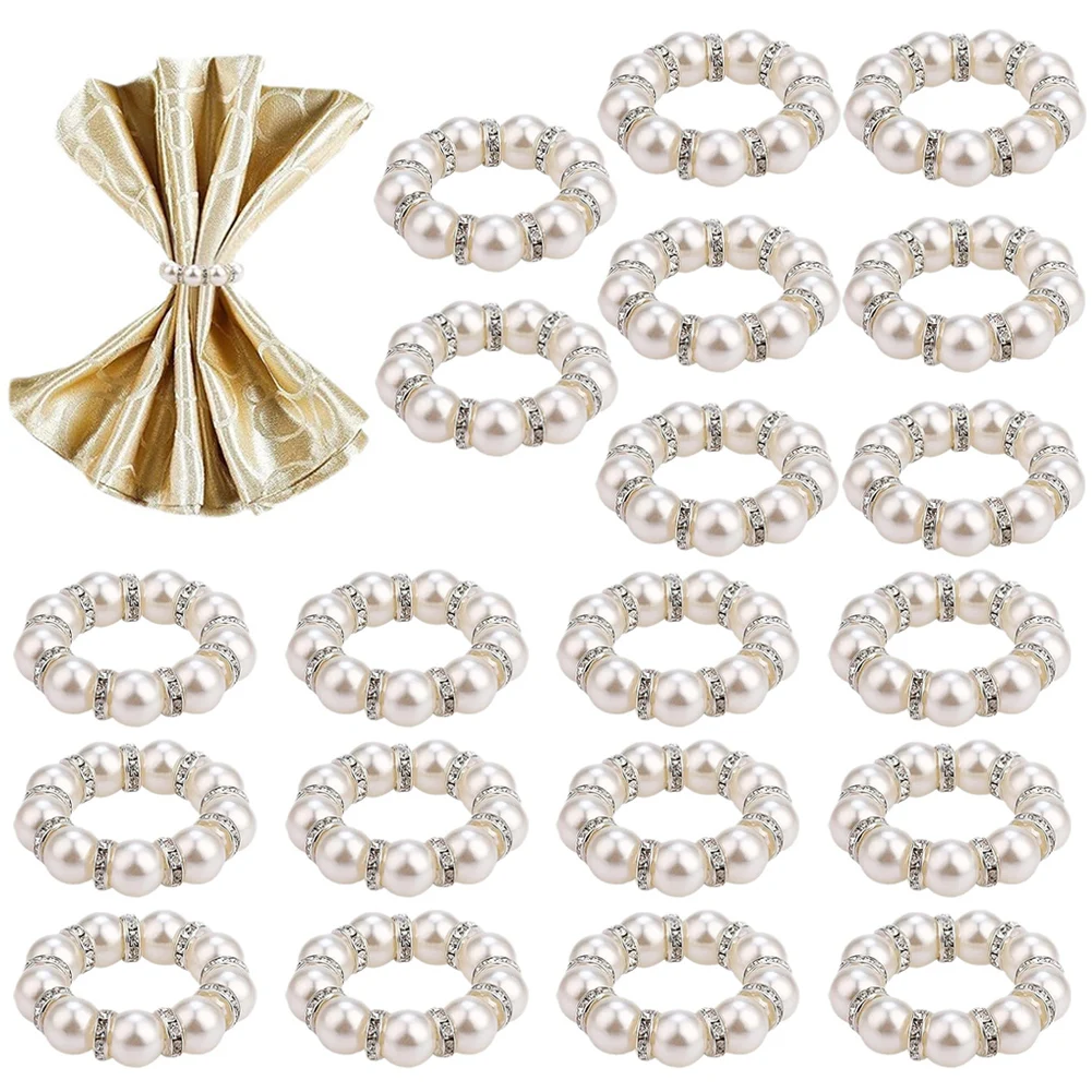 Elegant Round Pearl Napkin Rings Set of 20 with Rhinestones and Double Elastic Bands for Dining Table Decoration
