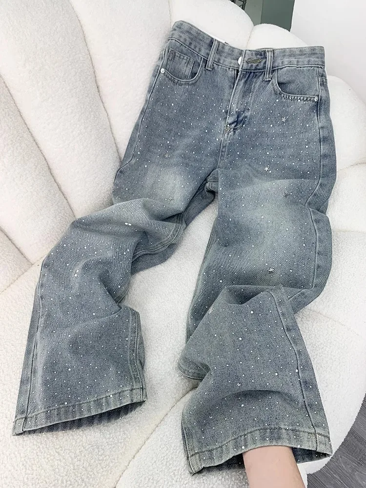 

Shiny Women's Jeans High Waist Wide Leg Long Pants Straight Cut Loose Fit Light Color Spring 2025 Fashion Trend Rhinestone
