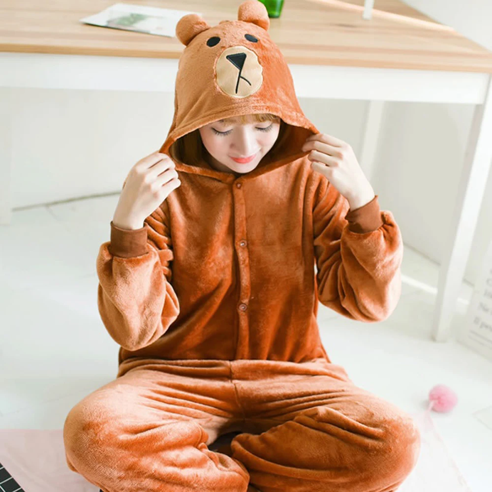 Unisex Adult Women Cartoon Bear Costume Halloween Christmas Onesies Men's Plush Cosplay Pajamas Winter Flannel Kigurumi Jumpsuit