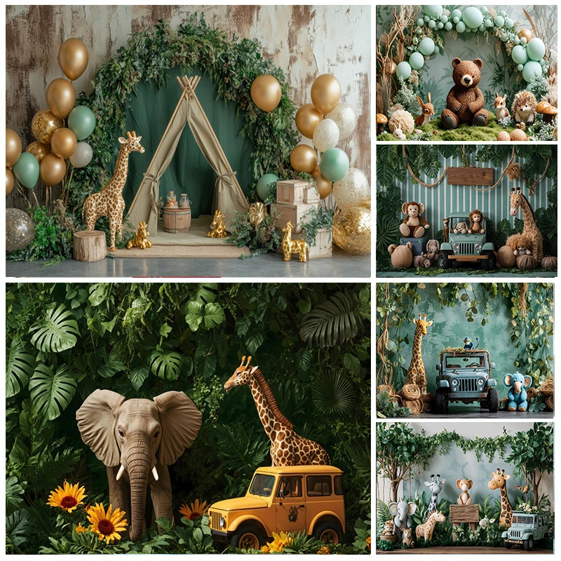 

Safari Jungle Animals Backdrops For Photography Balloons Forest Tropical Green Leaves Grass Baby Portrait Photo Background Decor