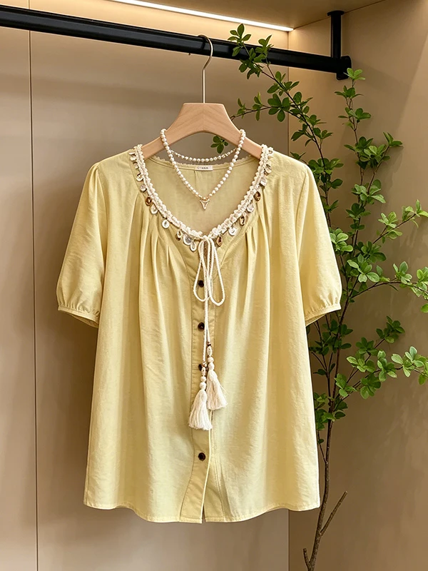 

plus Size Retro Short Sleeve Shirt Women's Summer New Design Sensation Loose Meat Covering Slimming Top Breathable Skin-Friendly