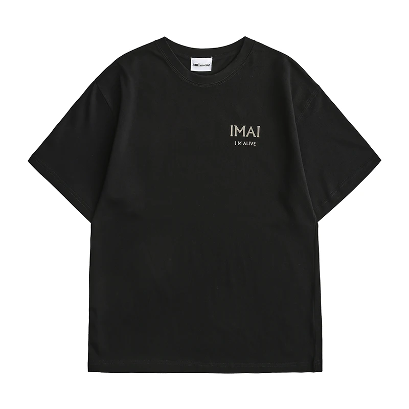 IMAI I M ALIVE 100% cotton short sleeved men's round neck pullover summer T-shirt American letter plush printed loose T-shirt