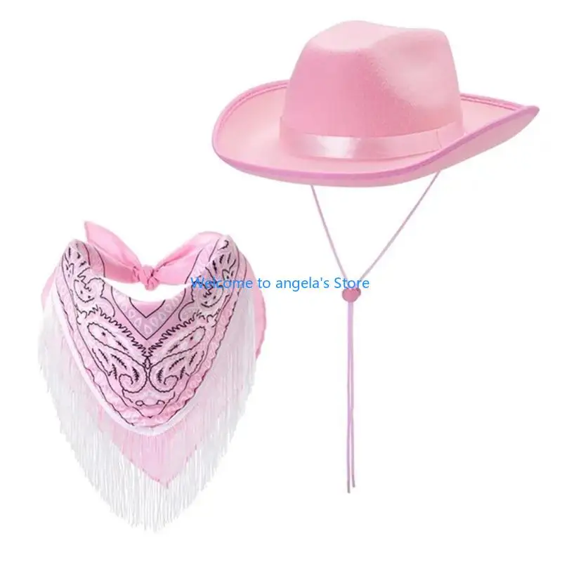 X4YC Cowboy Costume Set Western Wide Brims Fedoras Hat Fringed Scarf Bandanas Adult NightClub Party Roleplay Headwear 2PCS