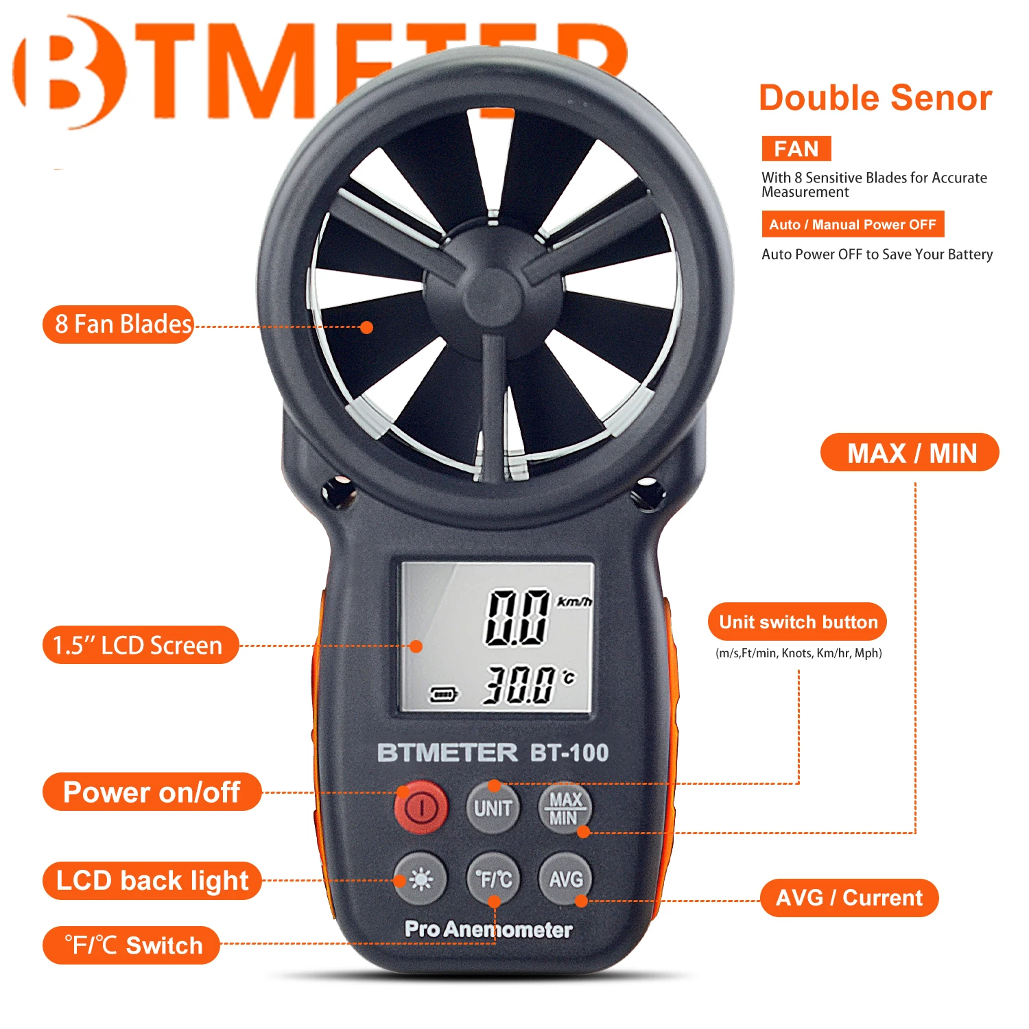 BTMETER BT-100 Handheld Digital Anemometer,0-30 m/s Wind Speed Meters, Wind Speed Sensor for UAV ，Wind Chill, Surfing Shooting