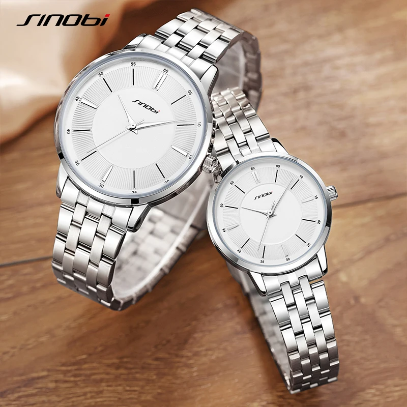 SINOBI Luxury Brand Couple Watches Waterproof Luminous Stainless Steel Quartz Watch His and Hers Moon Phase Fashion Lovers Set