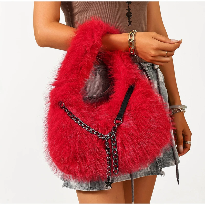 Weiche, glatte, flauschige Plüsch-Umhängetasche, Winter-Handtasche in Uni-Farbe, Metallketten-Tragetasche, lässige, individuelle Unterarmtasche – Detail 19