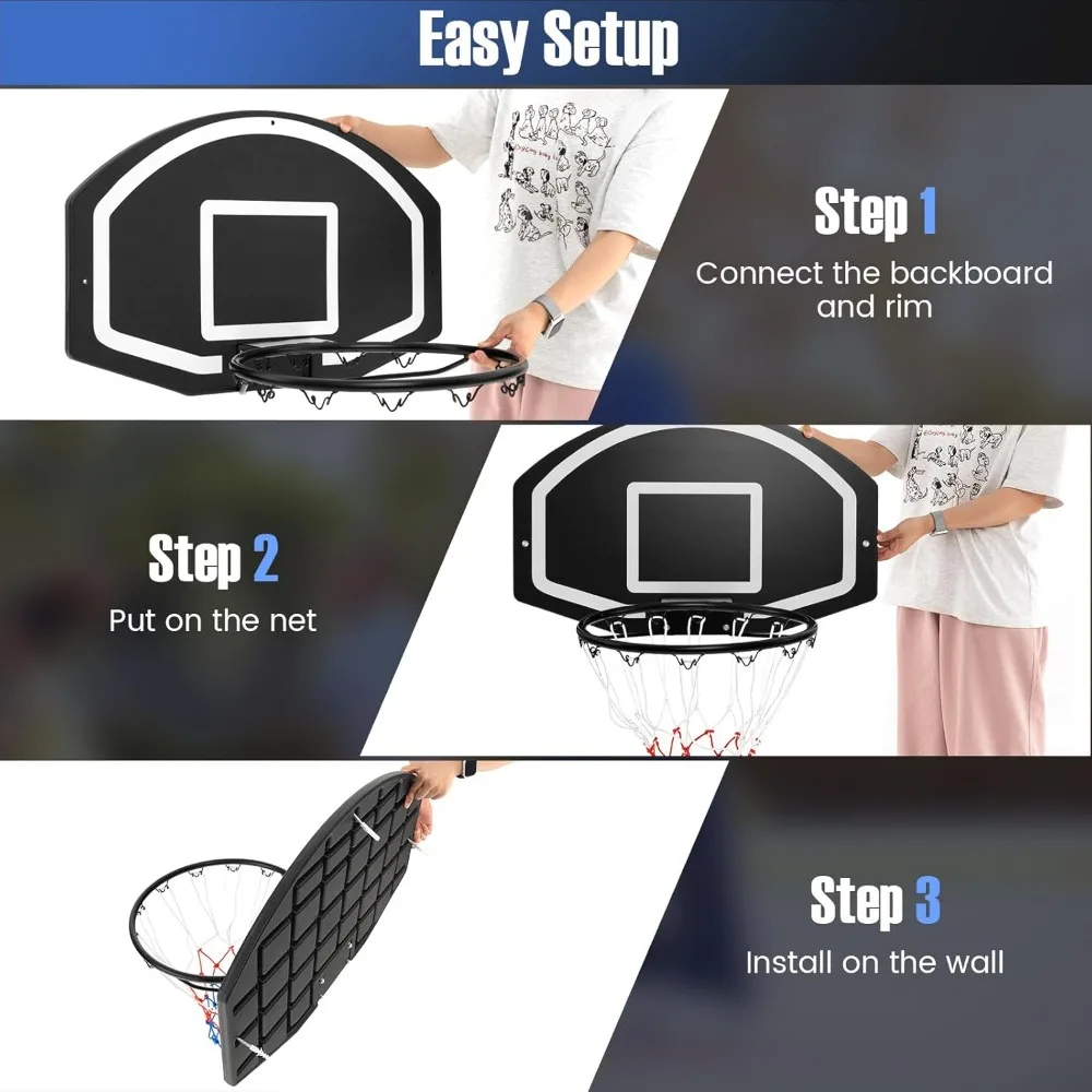 طوق كرة سلة مثبت على الحائط مقاوم للكسر مع لوحة خلفية كبيرة وشبكة مقاومة للطقس ومجموعة تركيب كاملة