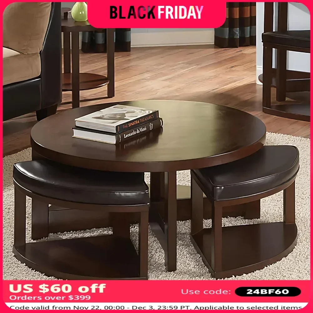 Coffee Table Set, Round Tables with 4 Upholstered Nesting Stools, Space-Saving Design, 5-Piece Coffee Table Set