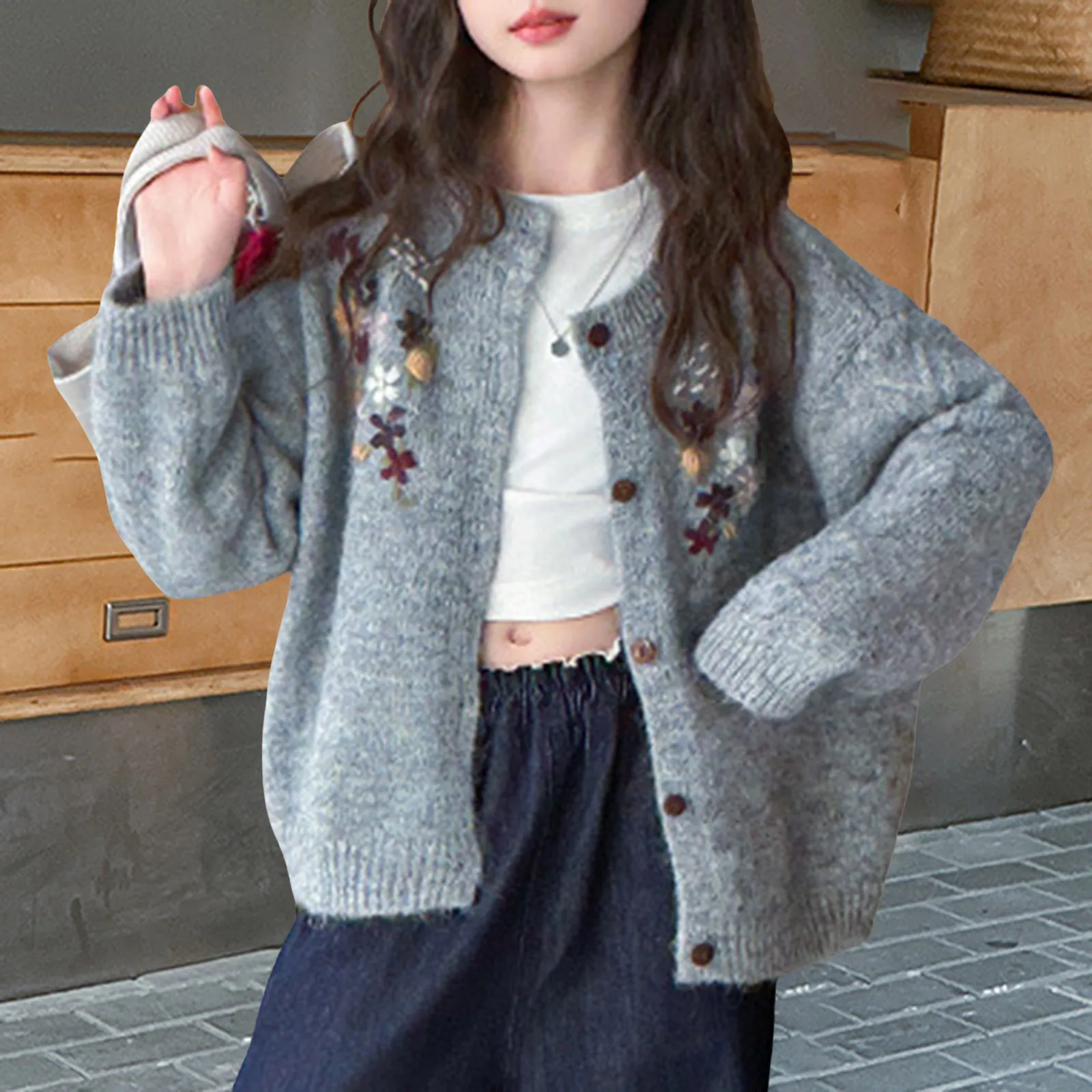 

Girl Sweater Solid Color Grey Cardigans Floral Embroidered Knit Sweaters Rustic Spring And Baby Girl Clothes Casual Streetwear