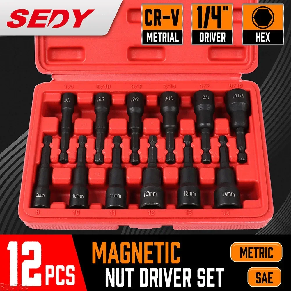 12pcs Magnetic Nut Driver Set SAE & Metric 1/4-Inch Premium Impact Power Hex Nut Driver Drill Bit Master Kit Quick Change