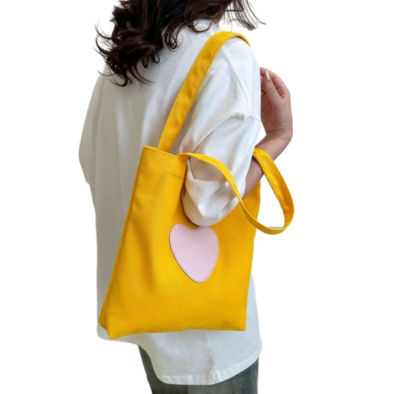 Trendy Canvas Love Heart Handbag Spacious and Portable Shoulder Tote Bag for Daily Essential