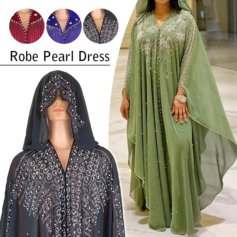 Women Muslim Dress Long African Dress Pearl  Rhinestones Formal Muslim Robe Gown Kaftan Arab Jilbab Abaya Islamic Maxi Dress