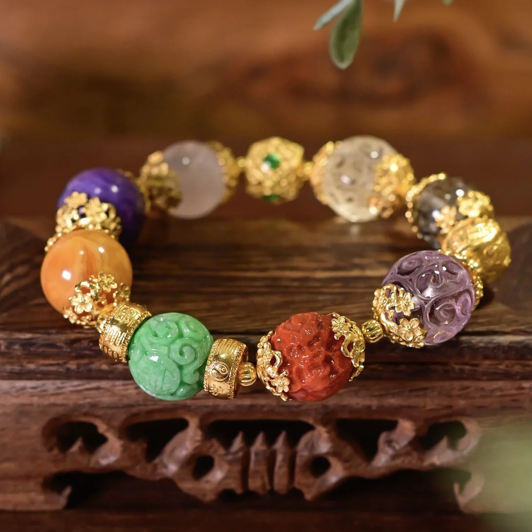 Luxury Multi-Gem Bracelet, Gold Plated Silver Citrine Amber Jade Red Agate
