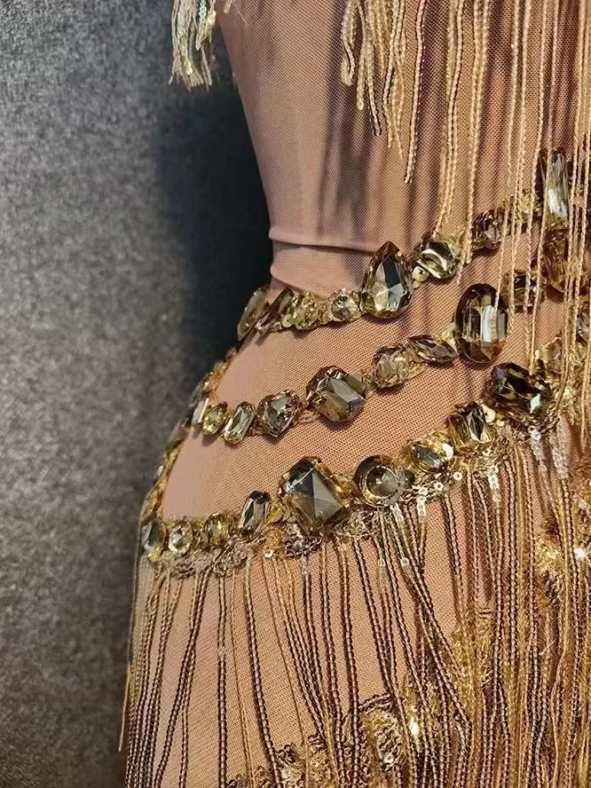 Sexy Bühne funkelnde goldene Pailletten Strass Stram pler Frauen ärmellose Overall Geburtstag Outfit Sänger Tänzer Performance-Kostüm